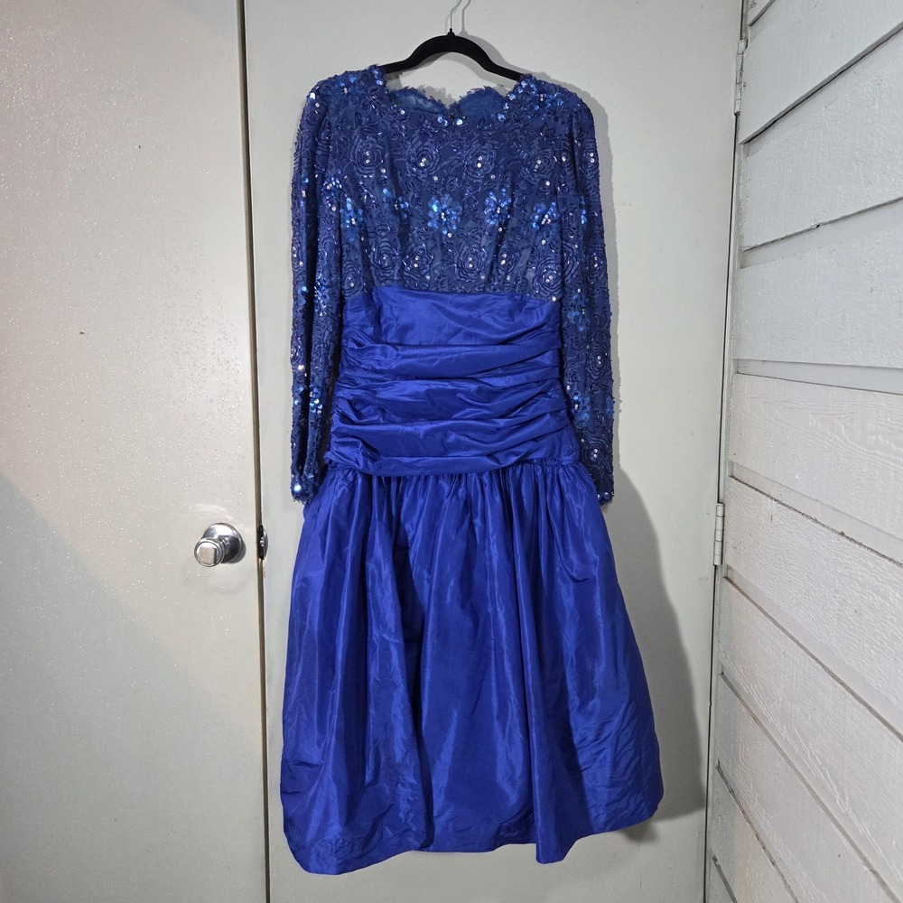 Vtg 80s Cocktail Dress 6 Sequined Beaded Ruched Blue Drop Waist Retro Halloween